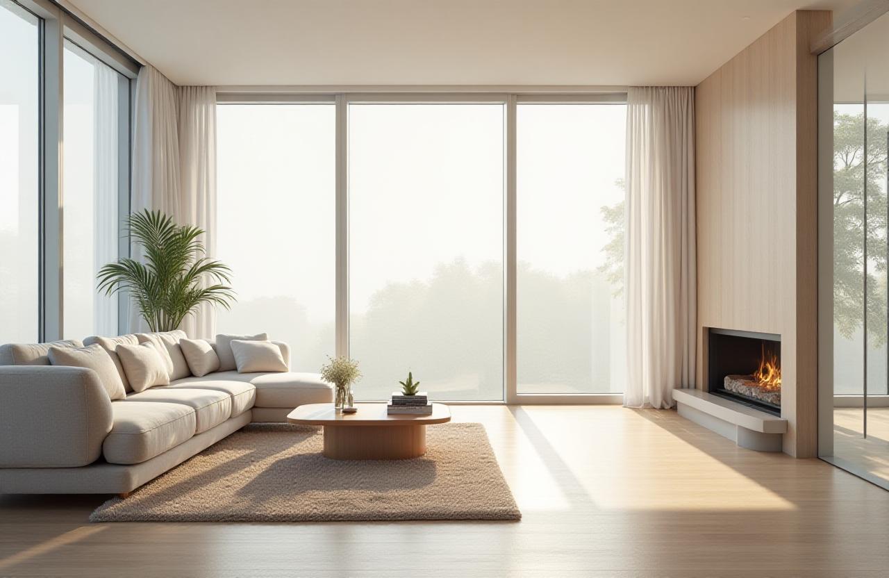 Pristine and sunlit living space with modern ventilation hidden in the design